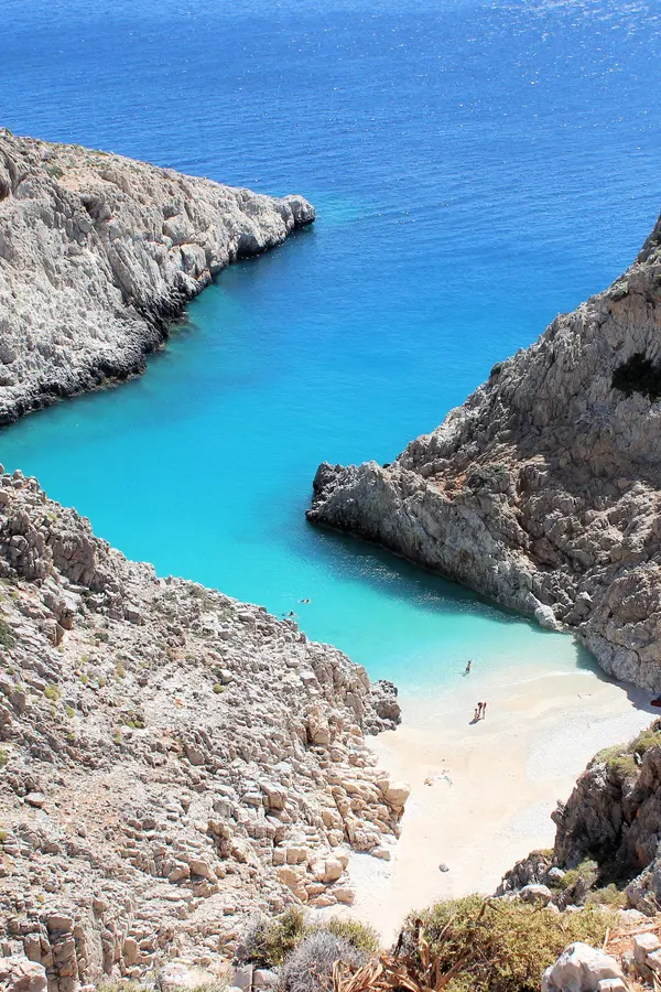 View of the pristine beaches and turquoise coves of Seitan Limania on Crete's southern coast.